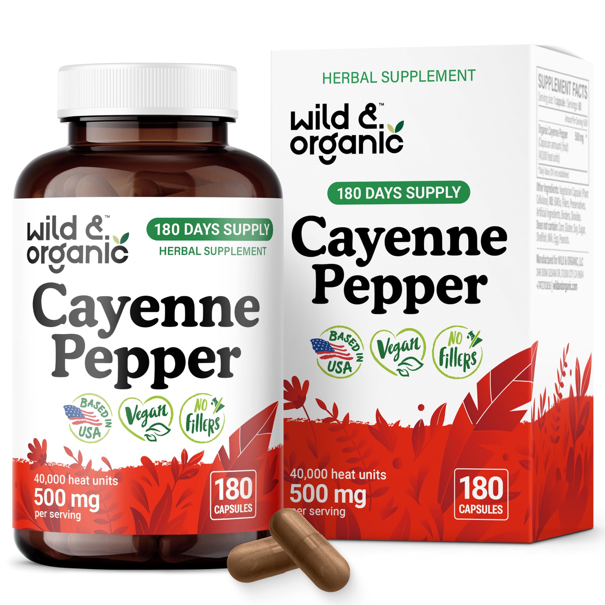 Wild & Organic Cayenne Capsules 500 mg bottle front view for digestive support