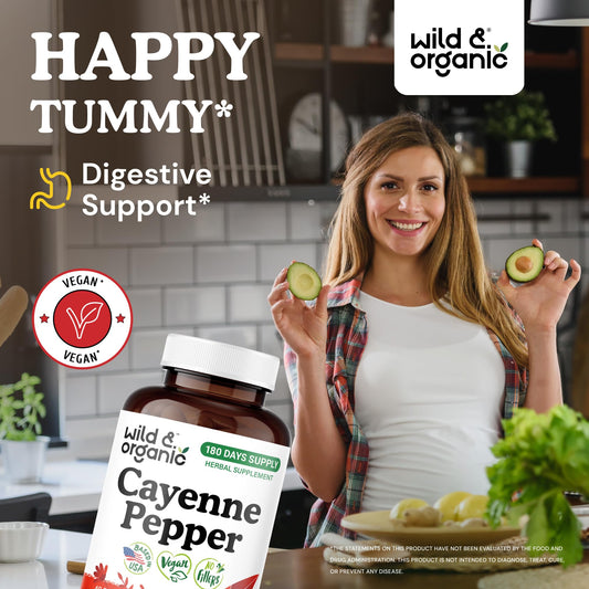 Close-up of Wild & Organic cayenne capsules for smooth daily use