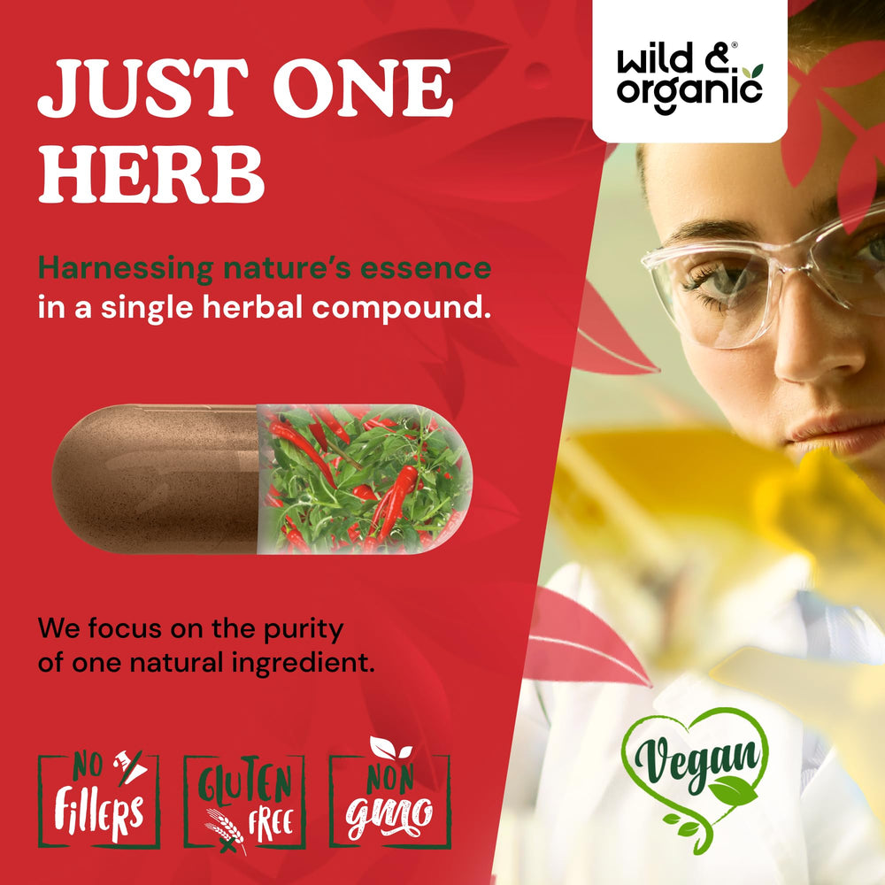 Easy-to-swallow Wild & Organic cayenne capsules for daily routine