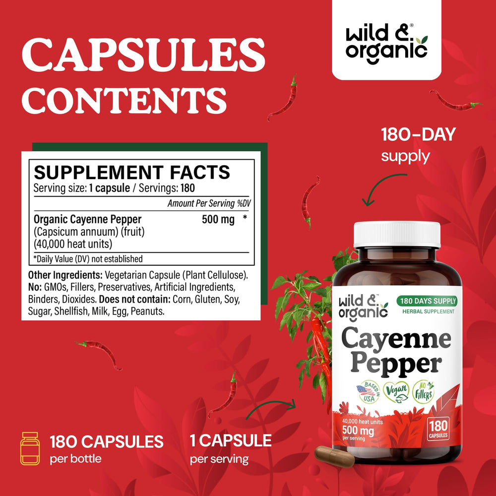 Wild & Organic cayenne ingredients list highlights vegan, non-GMO formula