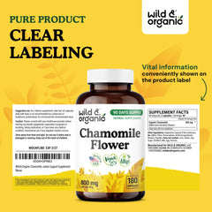 Wild & Organic chamomile capsules in hand illustrate accessible daily relaxation support.