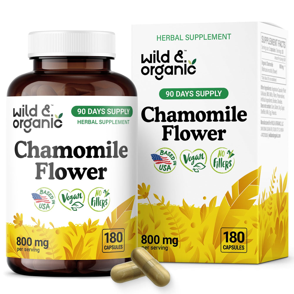 Wild & Organic Chamomile Extract Capsules bottle, 800 mg, showcasing relaxation and digestive support.