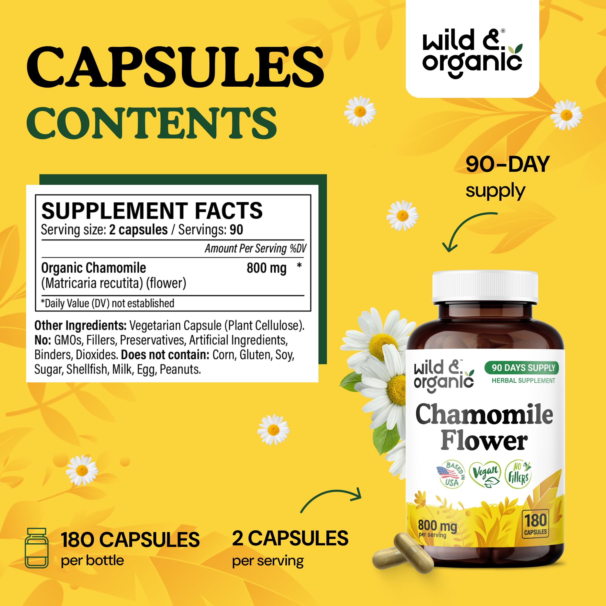 Wild & Organic chamomile powder capsules close-up highlight pure plant-based relaxation.
