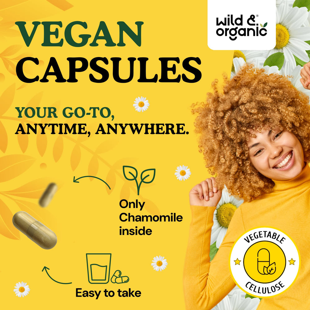 Wild & Organic vegan coating visible on chamomile capsules promoting clean, cruelty-free use.
