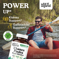 Close-up of Wild & Organic chanca piedra capsules highlighting vegan, plant-based formula.