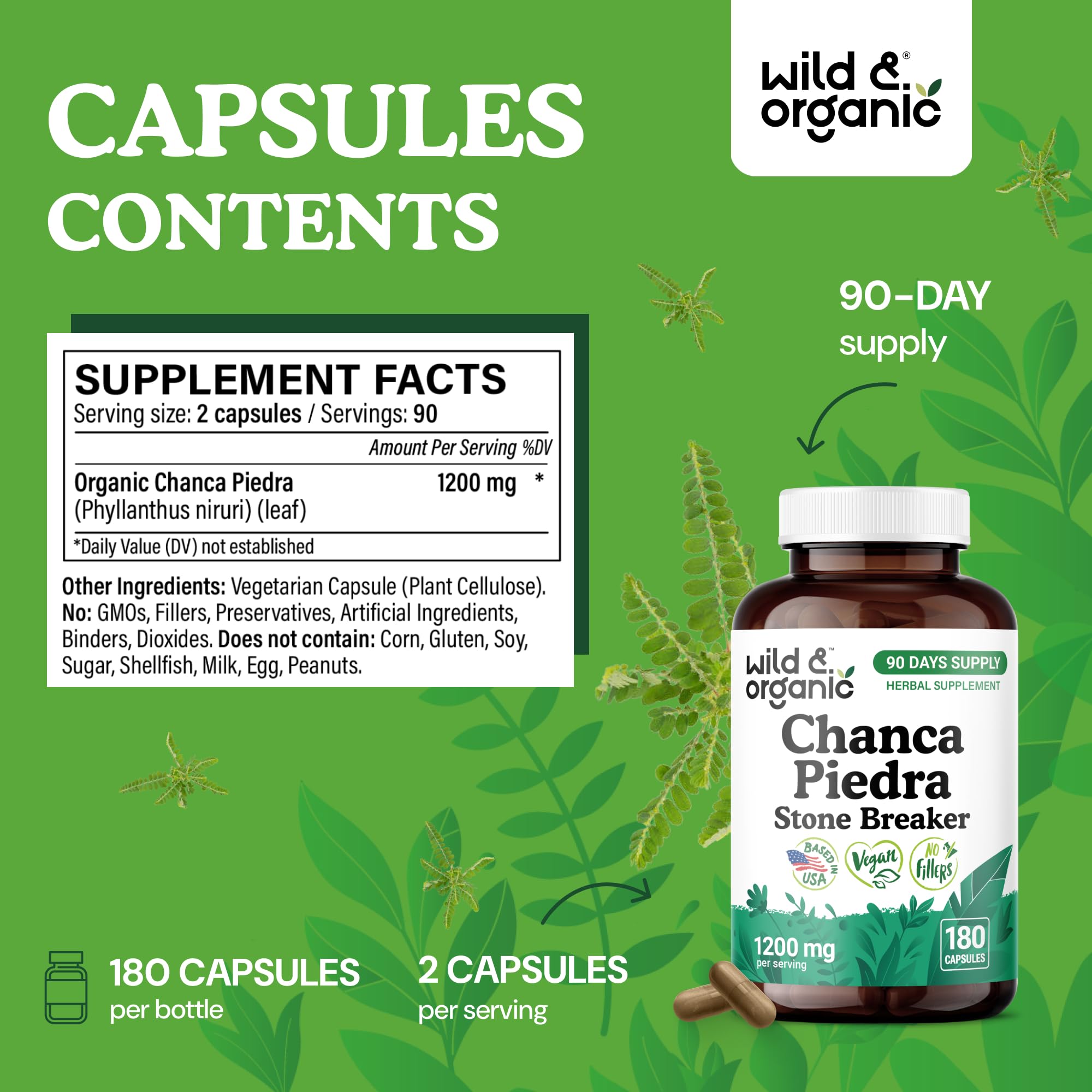 Wild & Organic chanca piedra powder and capsules underline 1200 mg per serving.