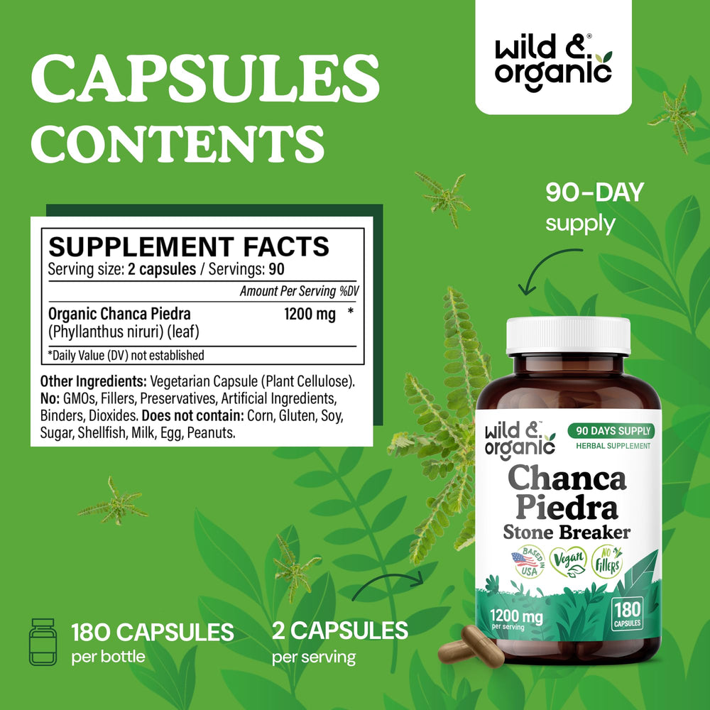 Wild & Organic chanca piedra powder and capsules underline 1200 mg per serving.