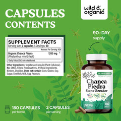 Wild & Organic chanca piedra powder and capsules underline 1200 mg per serving.