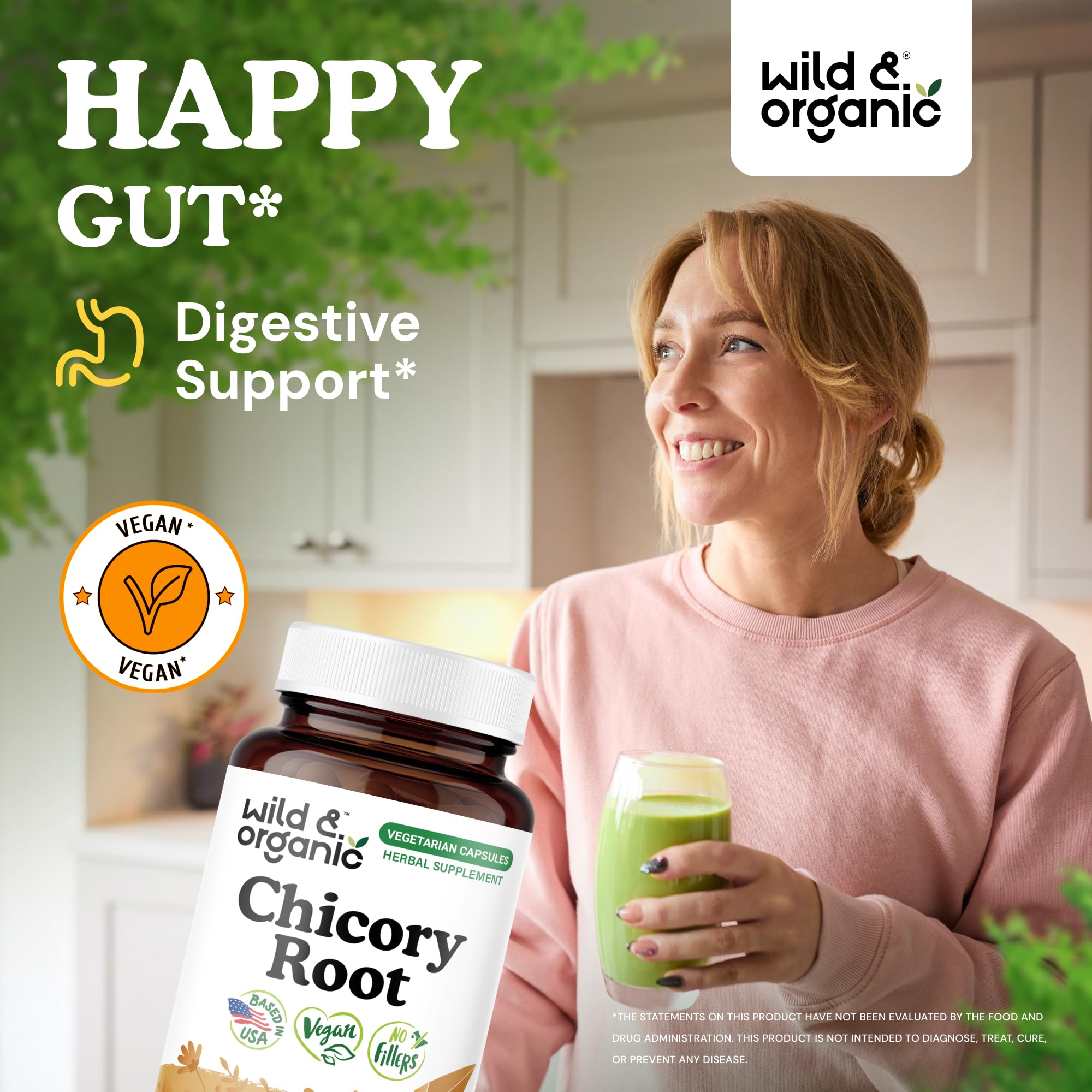 Wild & Organic chicory root fiber capsules closeup highlighting vegan inulin prebiotic formula