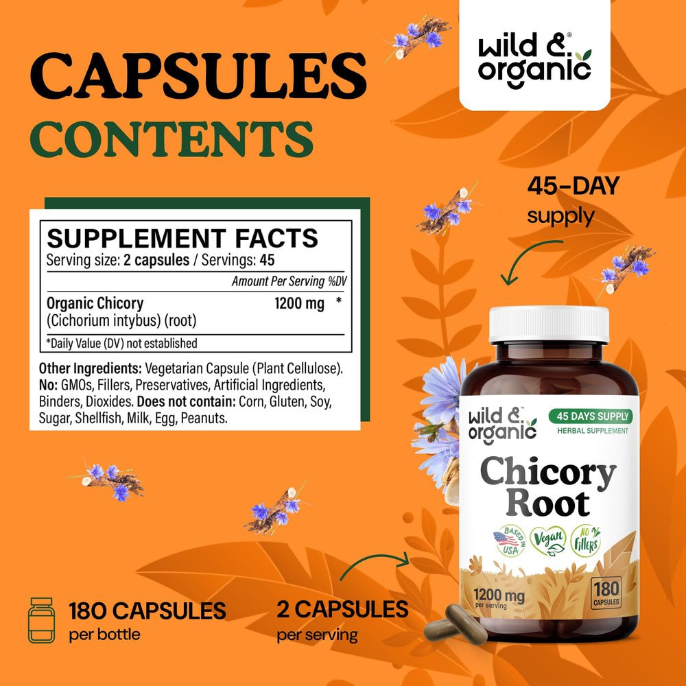 Wild & Organic chicory root fiber capsules label detail shows non-GMO plant-based ingredients