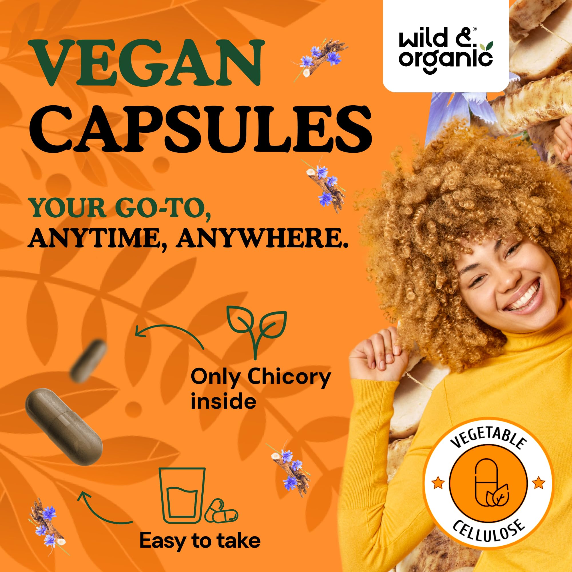 Wild & Organic chicory root fiber capsules pouring demonstrates easy-to-take design