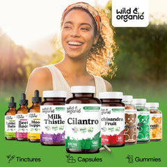 Wild and Organic cilantro capsules 180-count bottle indicating 90-day supply.