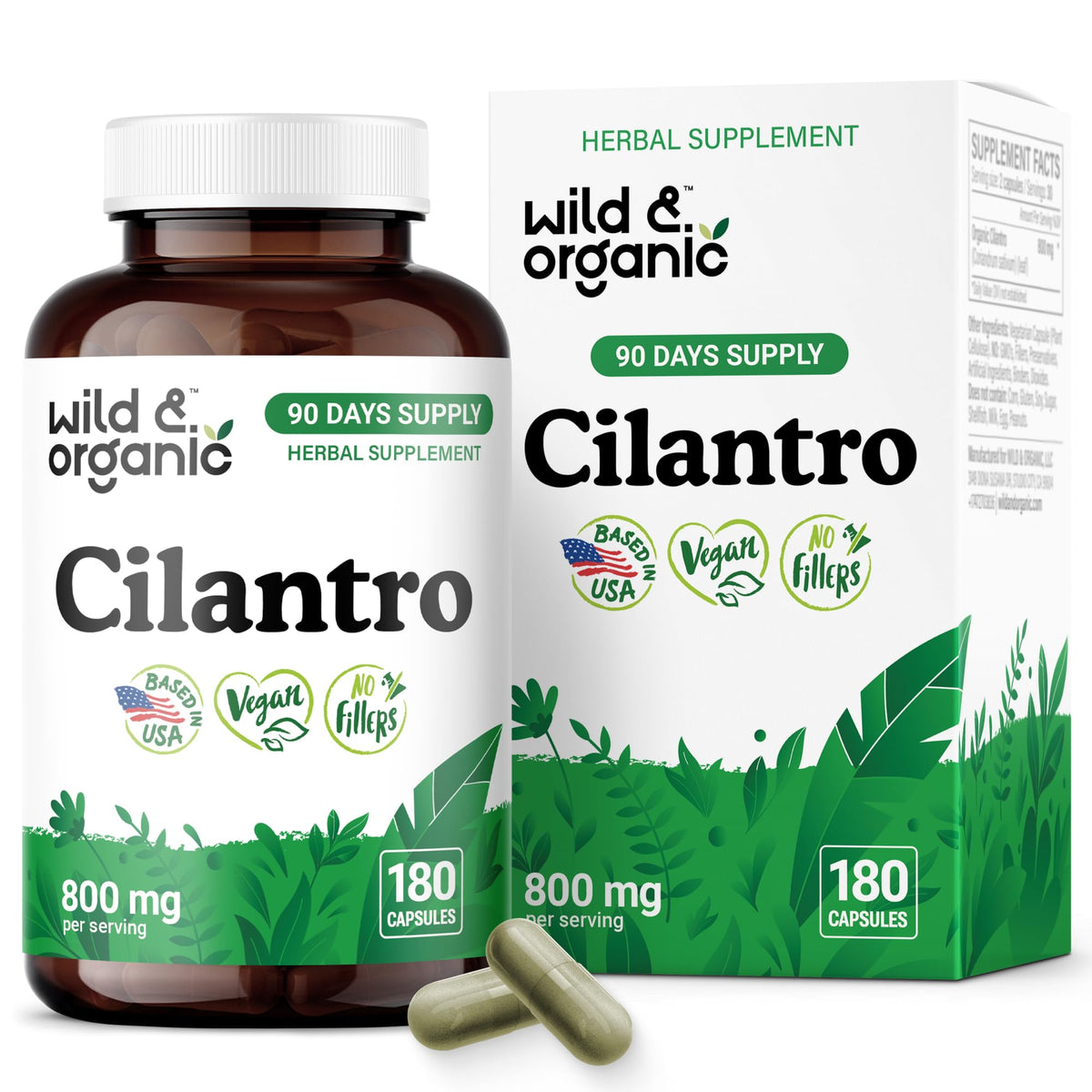 Wild and Organic cilantro capsules bottle on kitchen counter indicating detox support.