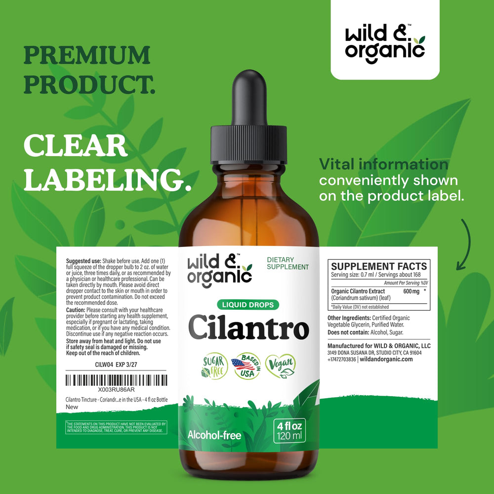 Wild and Organic cilantro tincture amber bottle with cap contrast