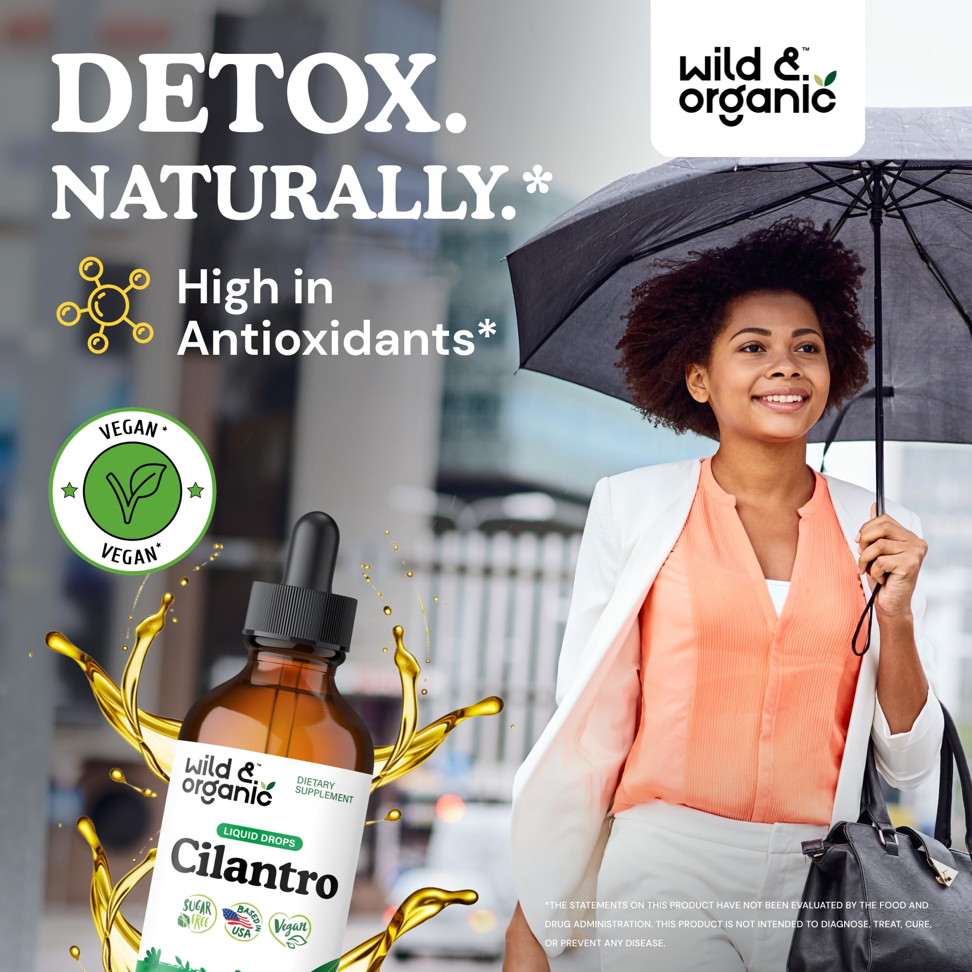 Wild and Organic cilantro tincture dropper releasing drops for easy dosing