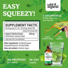 Wild and Organic cilantro tincture label close-up highlighting vegan formula