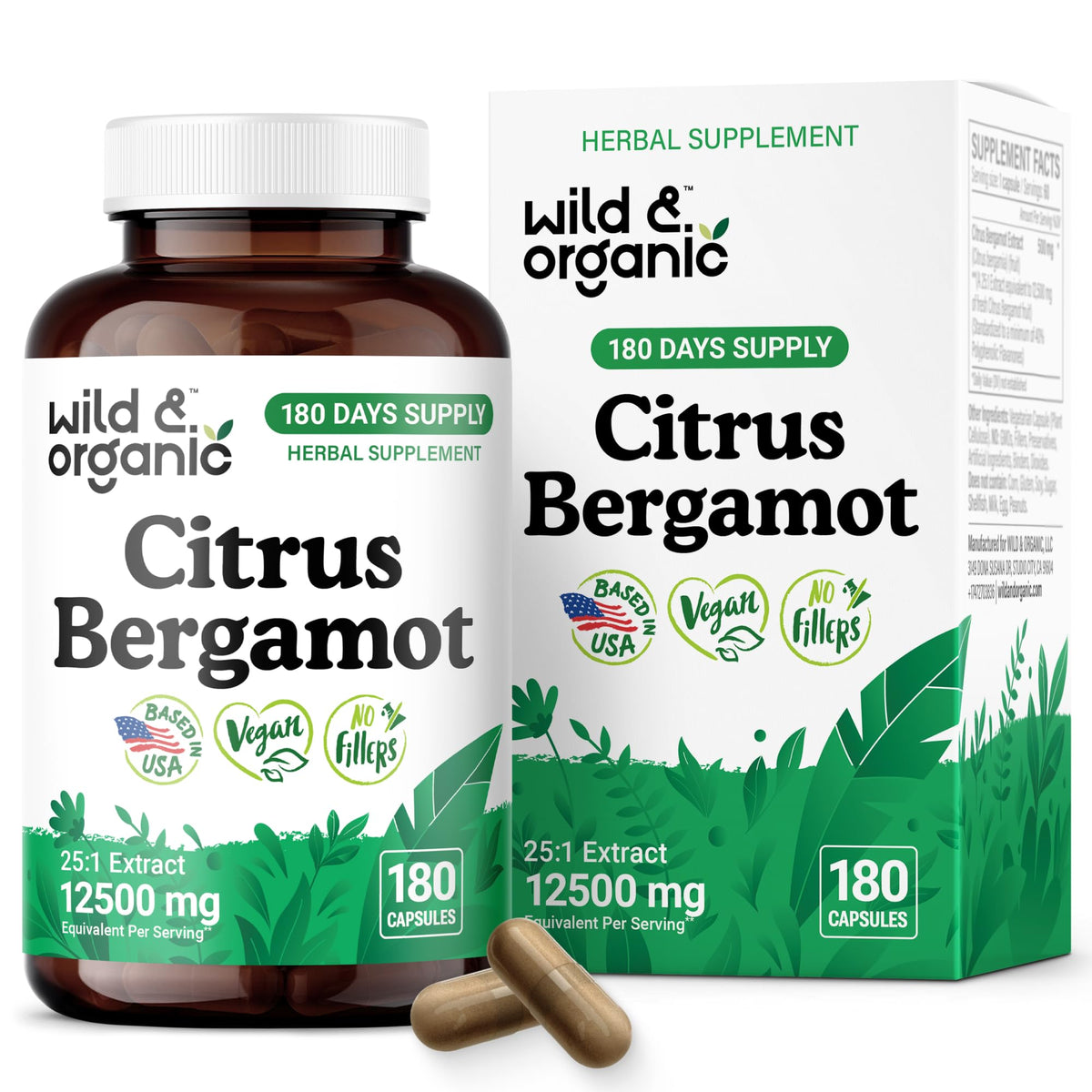 Wild and Organic Citrus Bergamot capsules bottle front for daily antioxidant support.