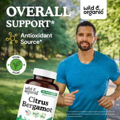Close-up of Wild and Organic bergamot capsules inside bottle, showcasing vegan formula.