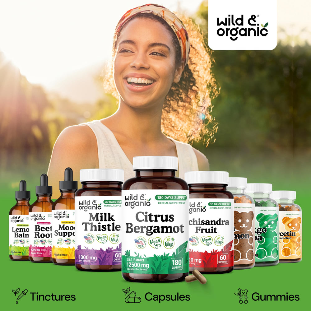 Wild and Organic bergamot capsules with easy-open cap.