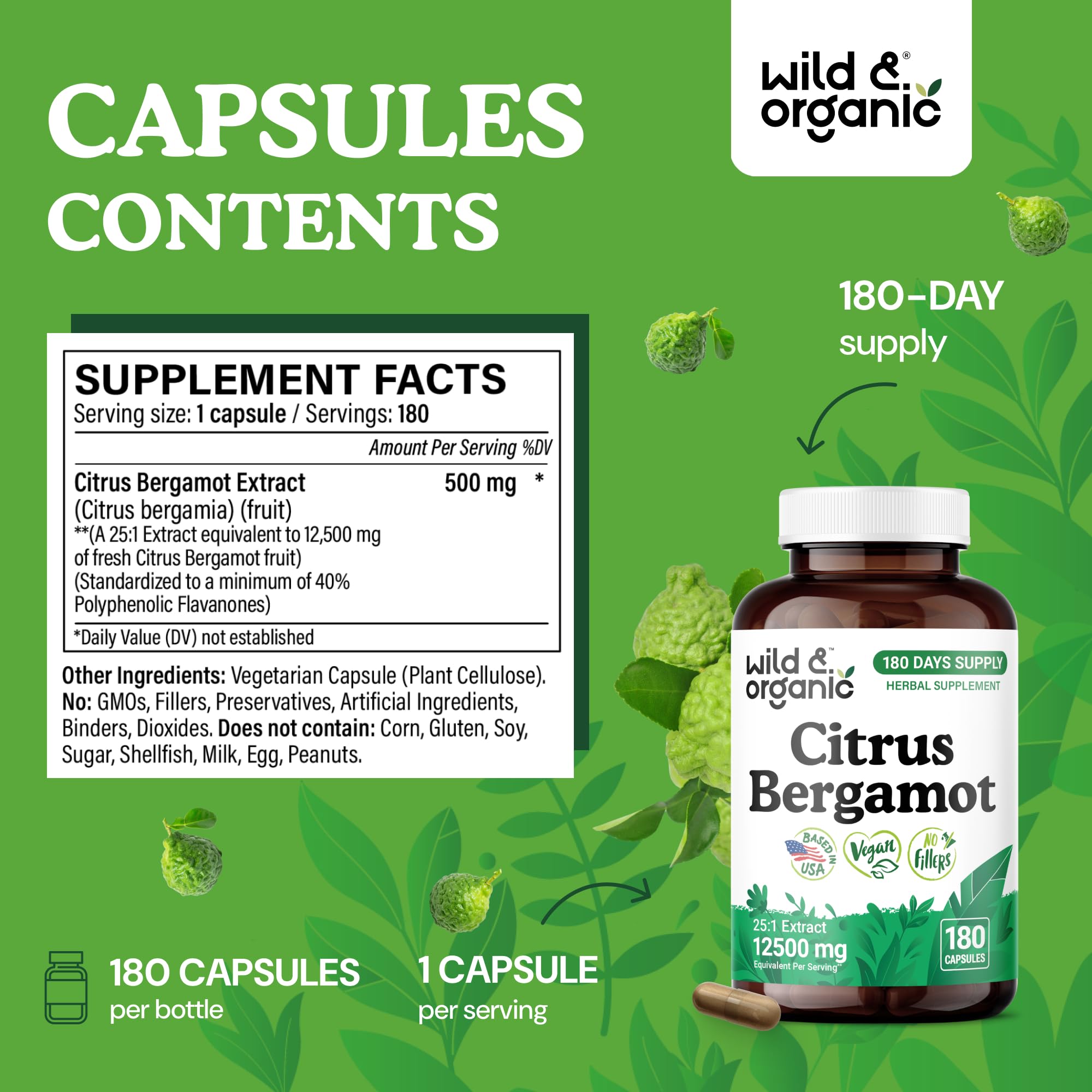 Label detail highlights vegan, no fillers, 180-day supply.