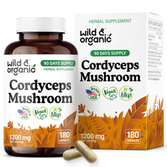 Wild & Organic Cordyceps capsules bottle showing 1200 mg extract for daily energy.