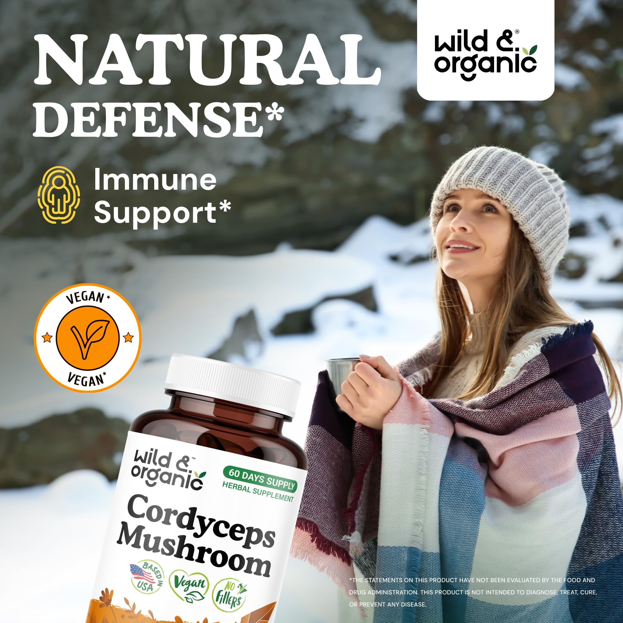 Wild & Organic capsules close-up with plant-based coating for vegan use.