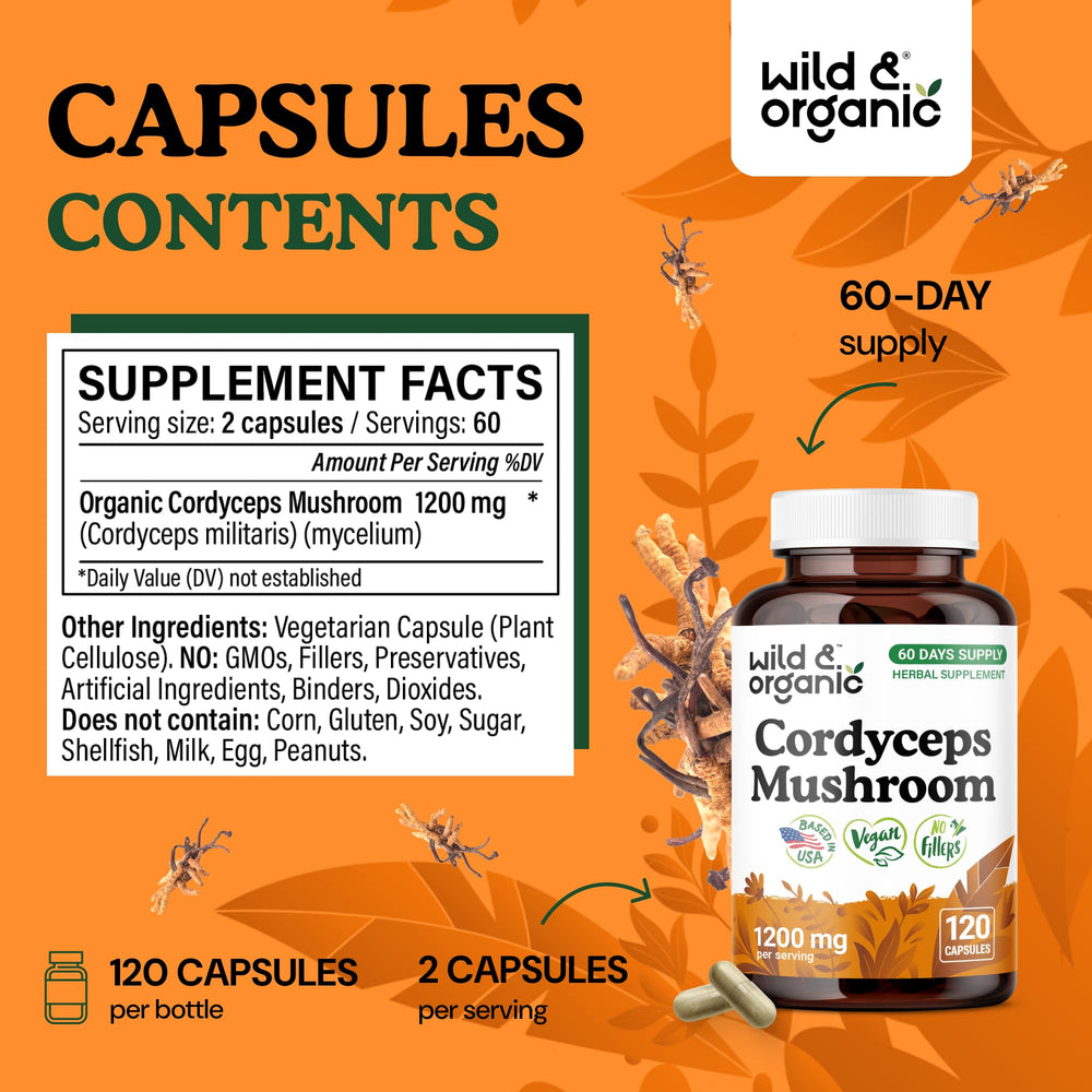 Wild & Organic cordyceps powder extract close-up highlights pure mycelium.
