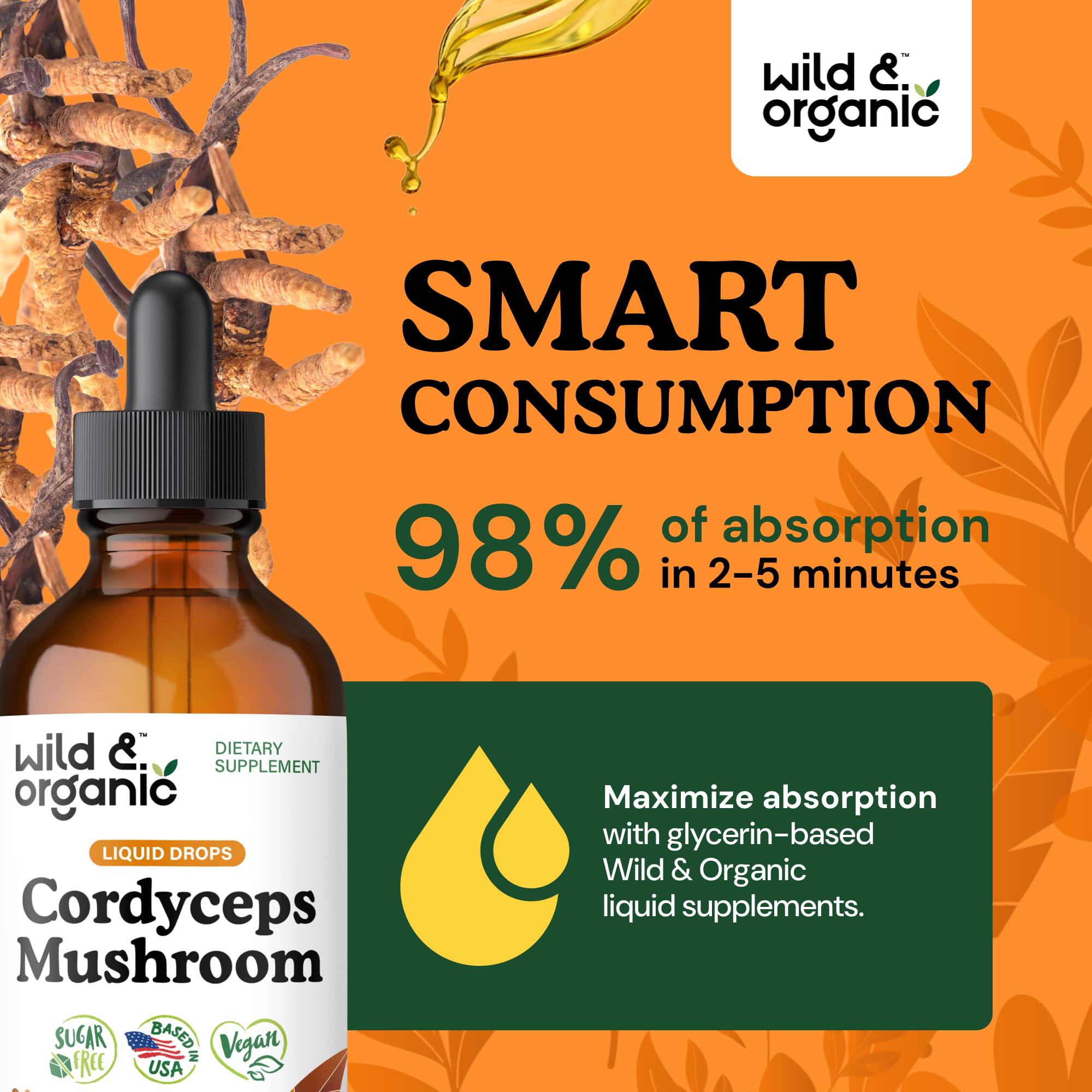 wild & organic cordyceps tincture label info highlights vegan base