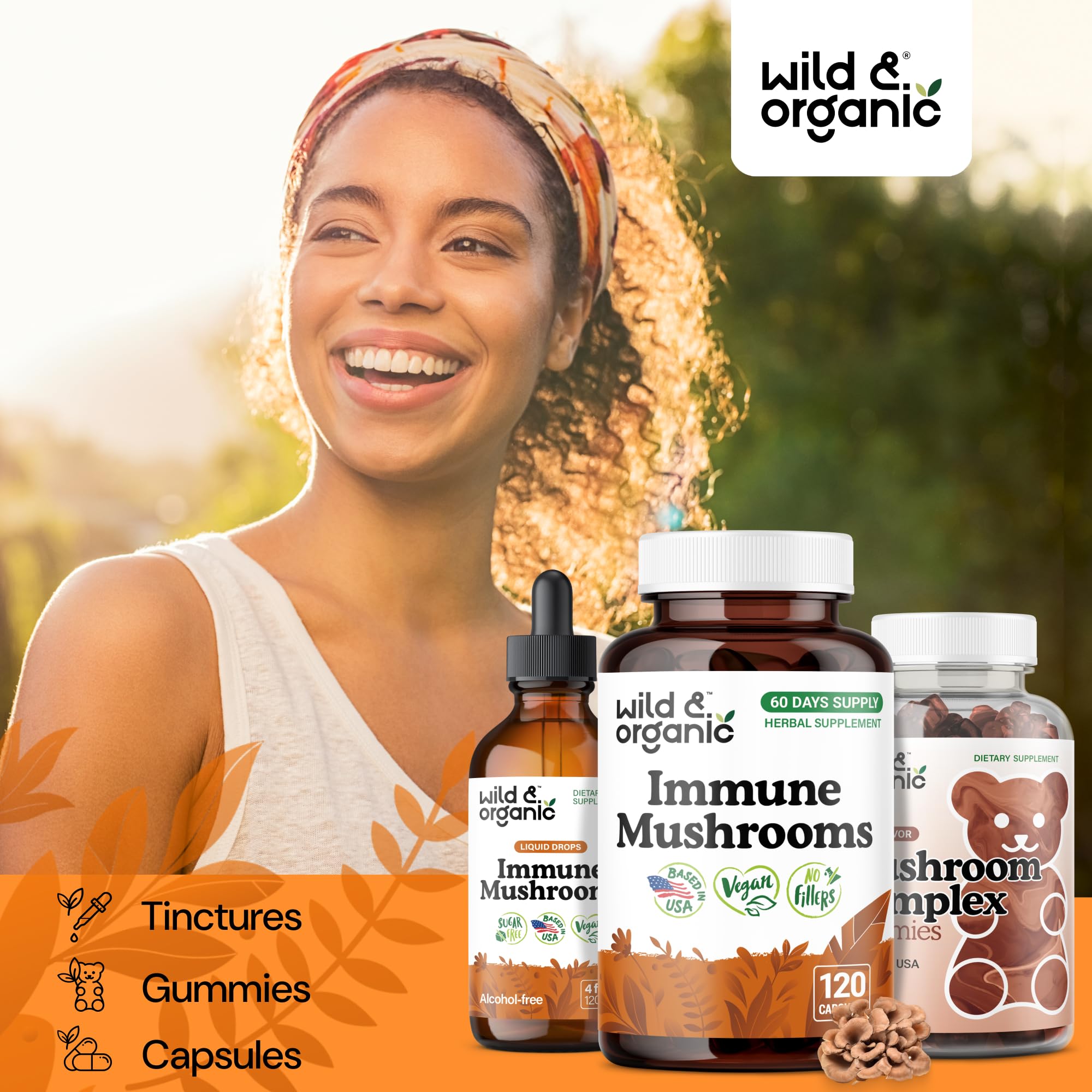 Wild & Organic capsules arranged in a row suggest daily two-capsule use.