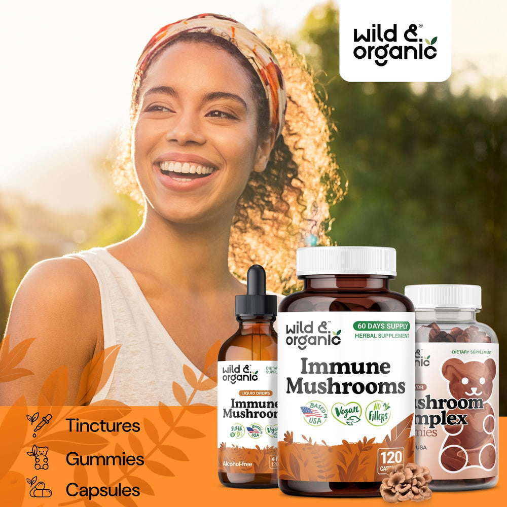 Wild & Organic capsules arranged in a row suggest daily two-capsule use.