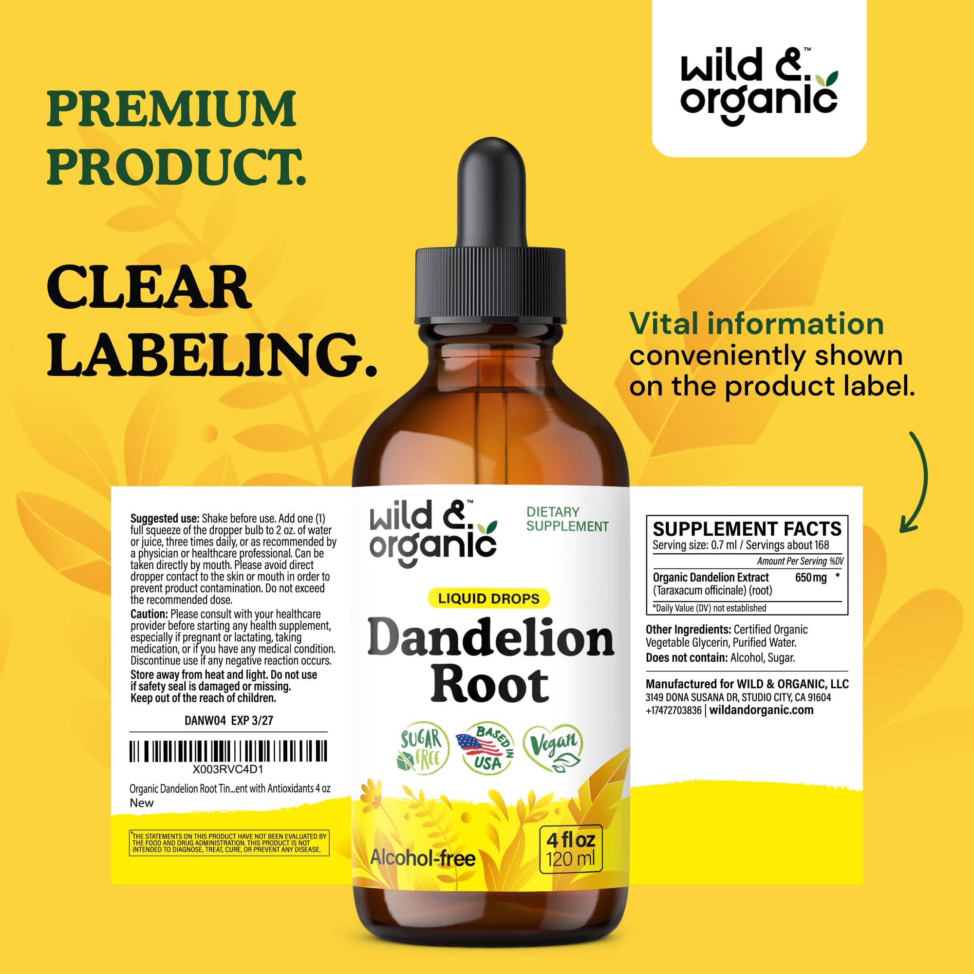 Glass of water beside Wild & Organic Dandelion Root Extract Drops.