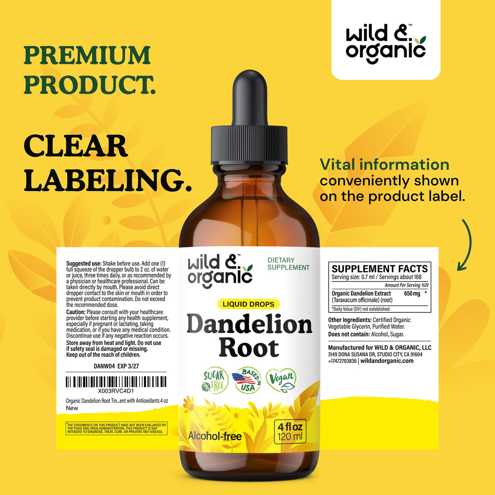 Glass of water beside Wild & Organic Dandelion Root Extract Drops.