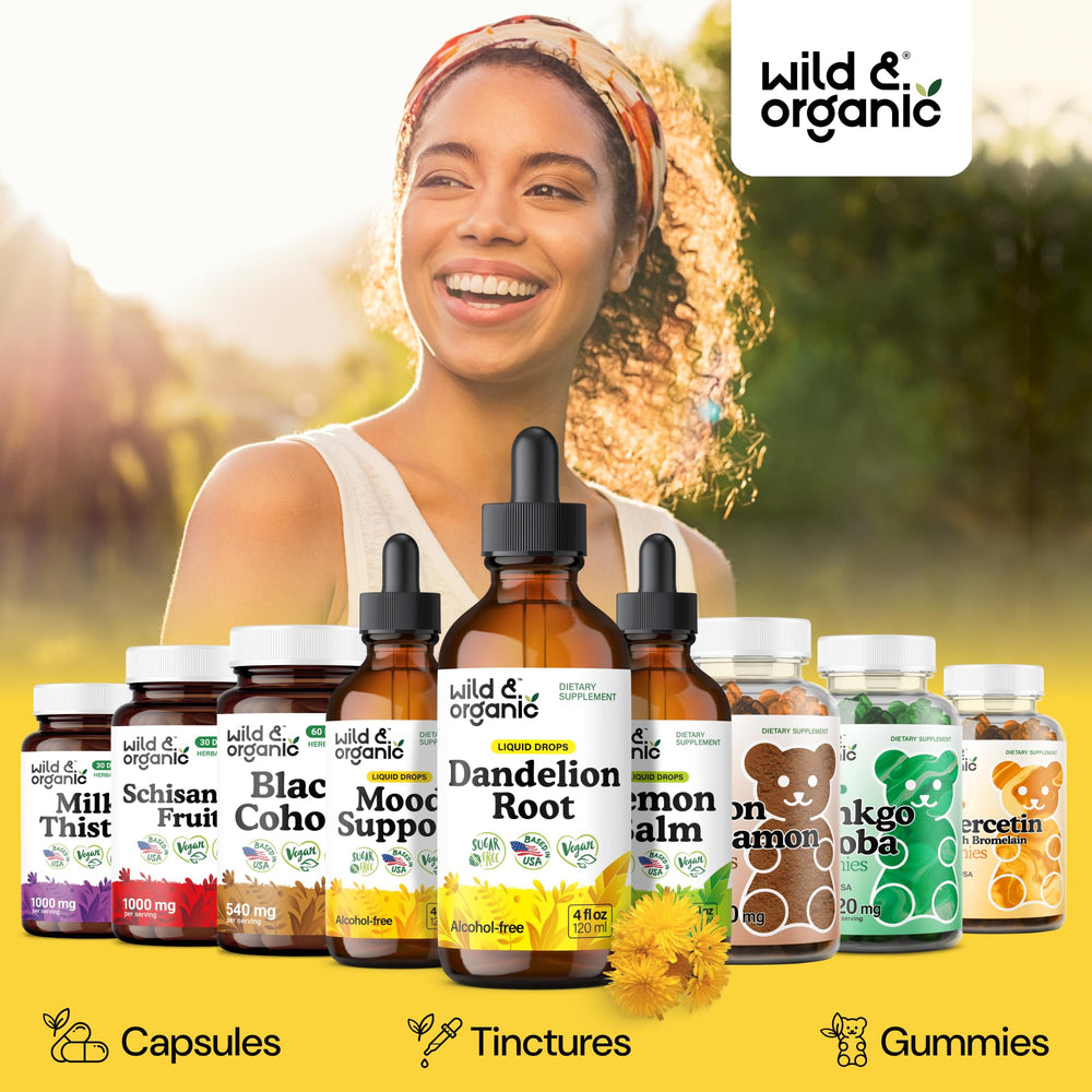 Naturally sweet glycerin-based tincture in Wild & Organic bottle.
