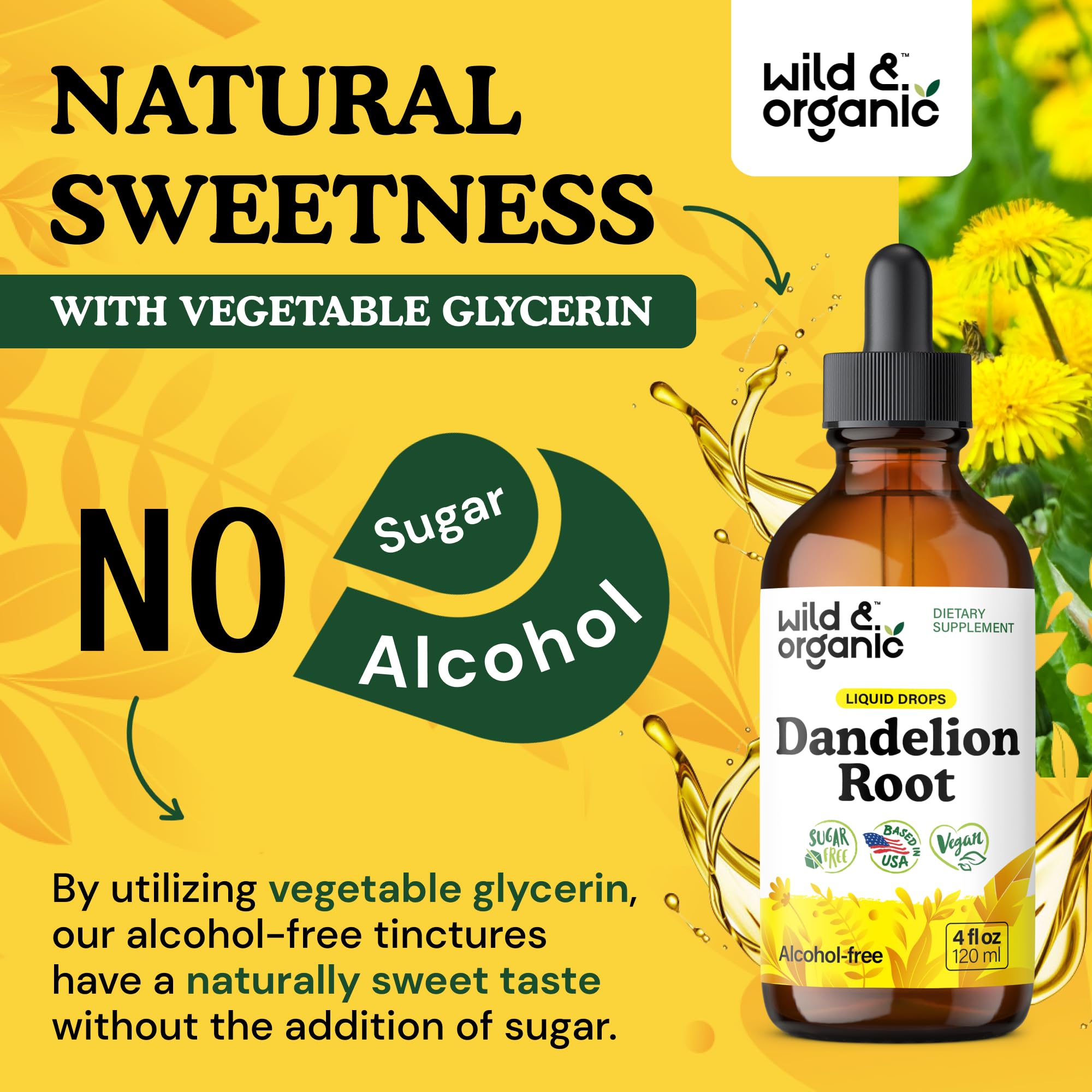 Wild & Organic Dandelion Root Extract Drops nutrition panel shows 650 mg per serving.
