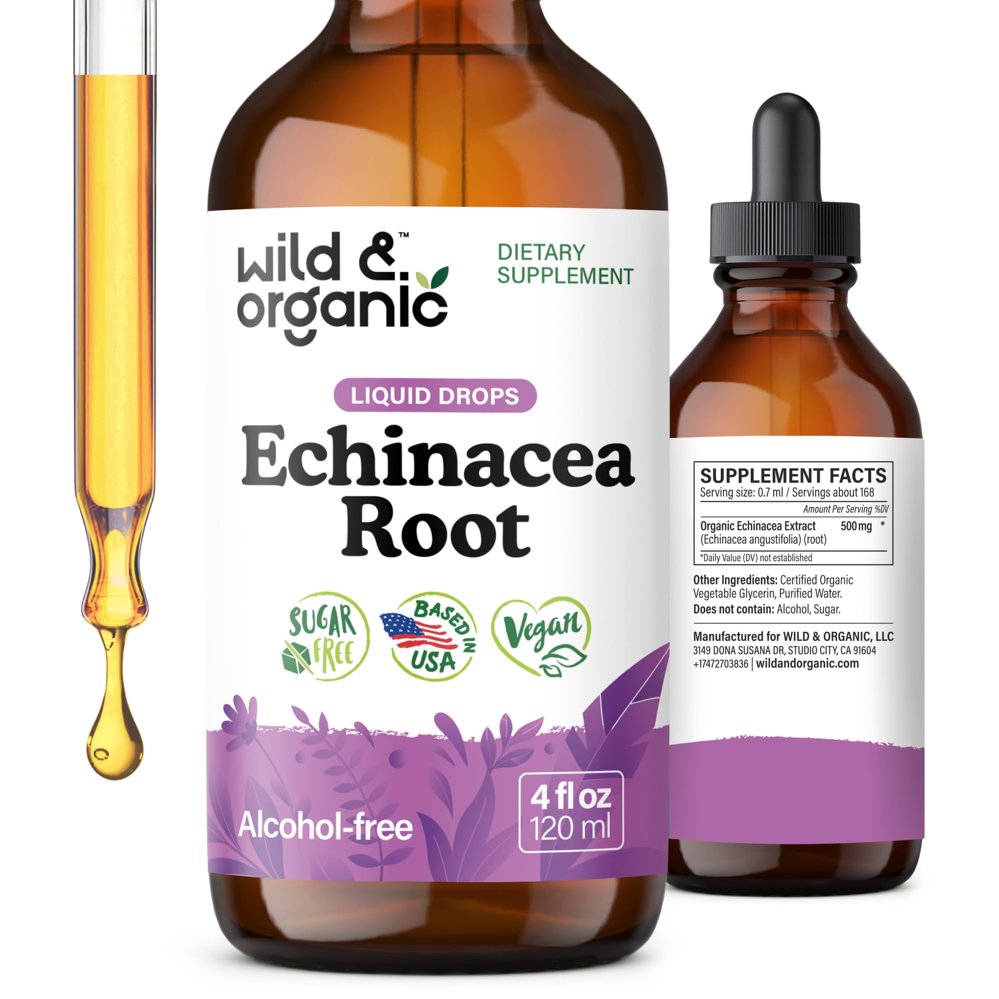Wild & Organic Echinacea Drops bottle front for immune support.