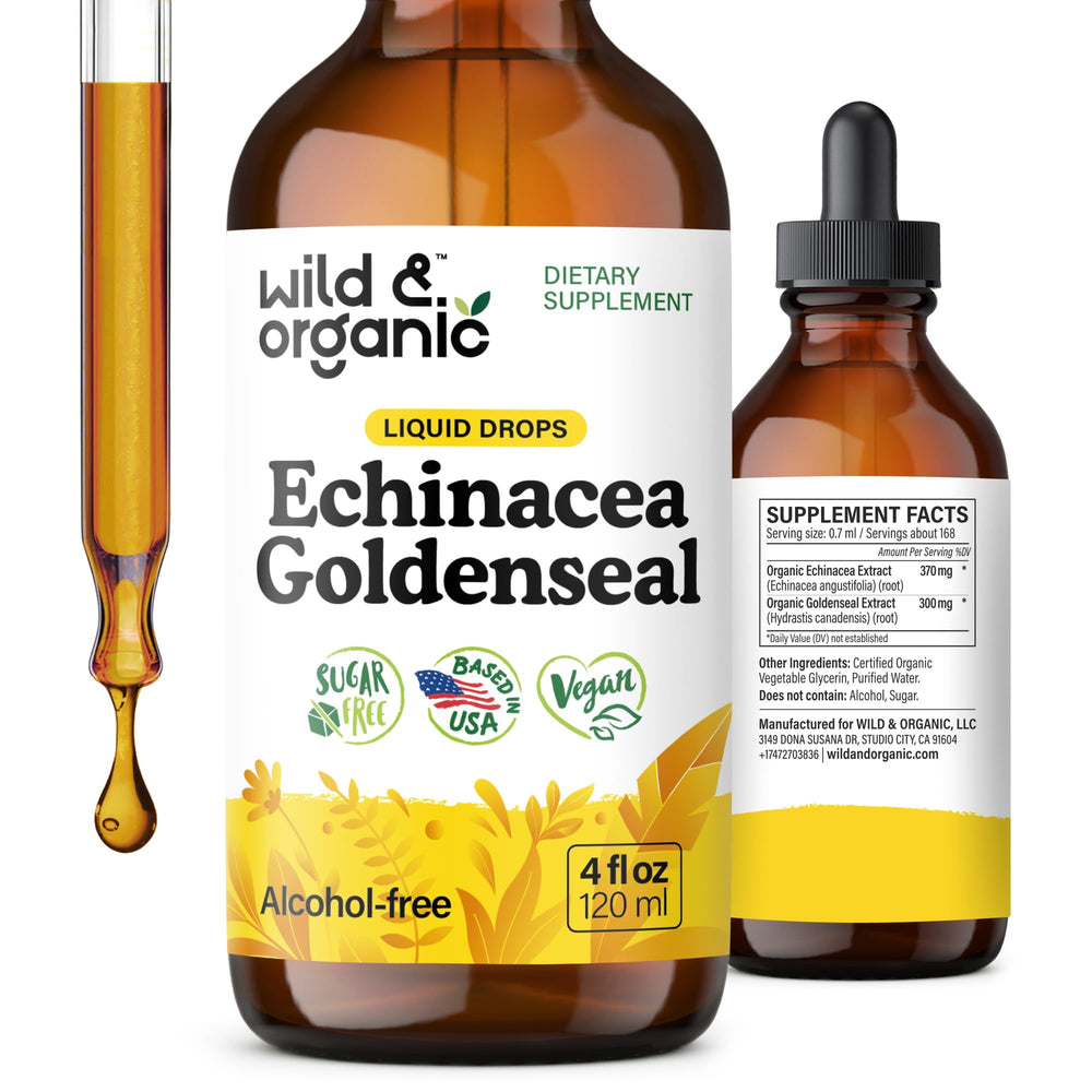 Wild & Organic echinacea goldenseal tincture bottle with dropper, convenient daily immune support option.