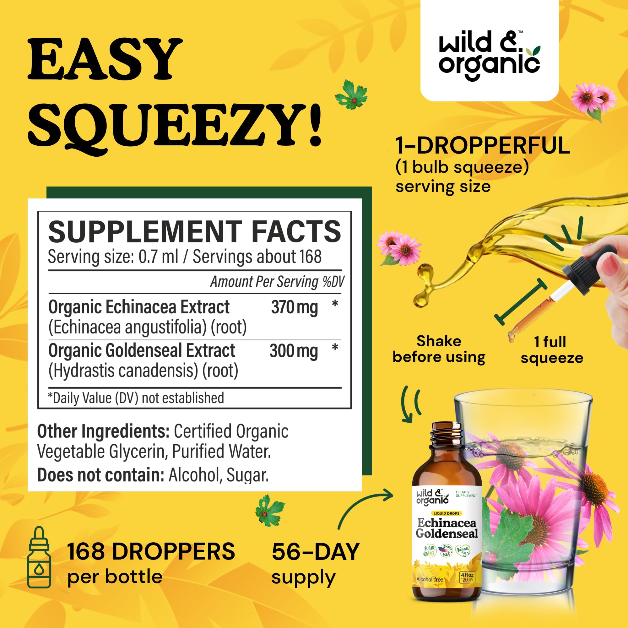 Wild & Organic tincture label close-up emphasizes vegan, alcohol-free formula and natural ingredients.