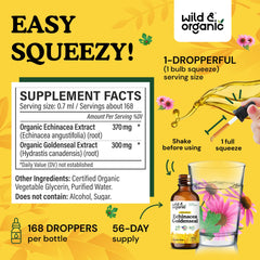 Wild & Organic tincture label close-up emphasizes vegan, alcohol-free formula and natural ingredients.