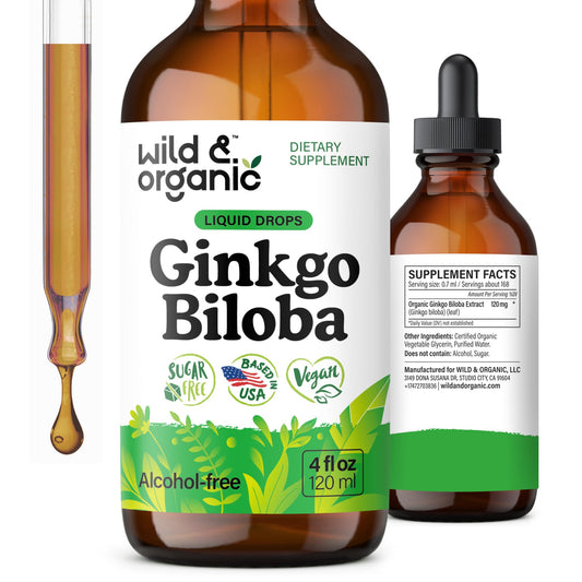 Wild & Organic Ginkgo Biloba drops bottle pour for easy daily focus support