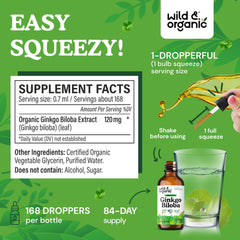 Wild & Organic Ginkgo Biloba drops dropper application showing precise dosing