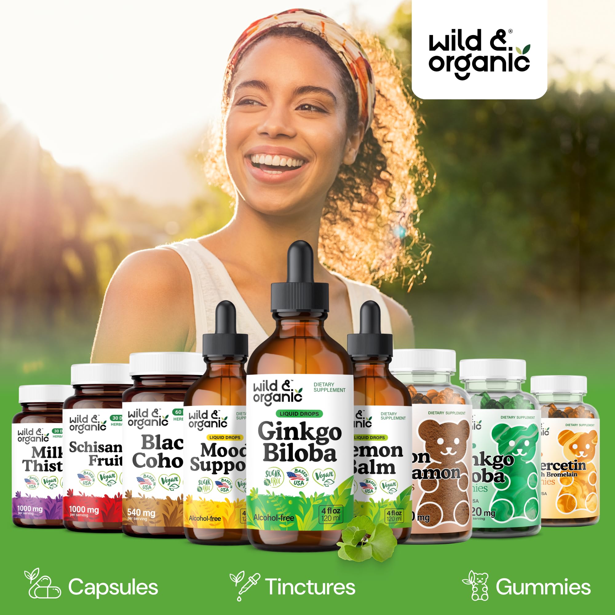 Wild & Organic Ginkgo Biloba drops tincture with glass dropper for easy dosing
