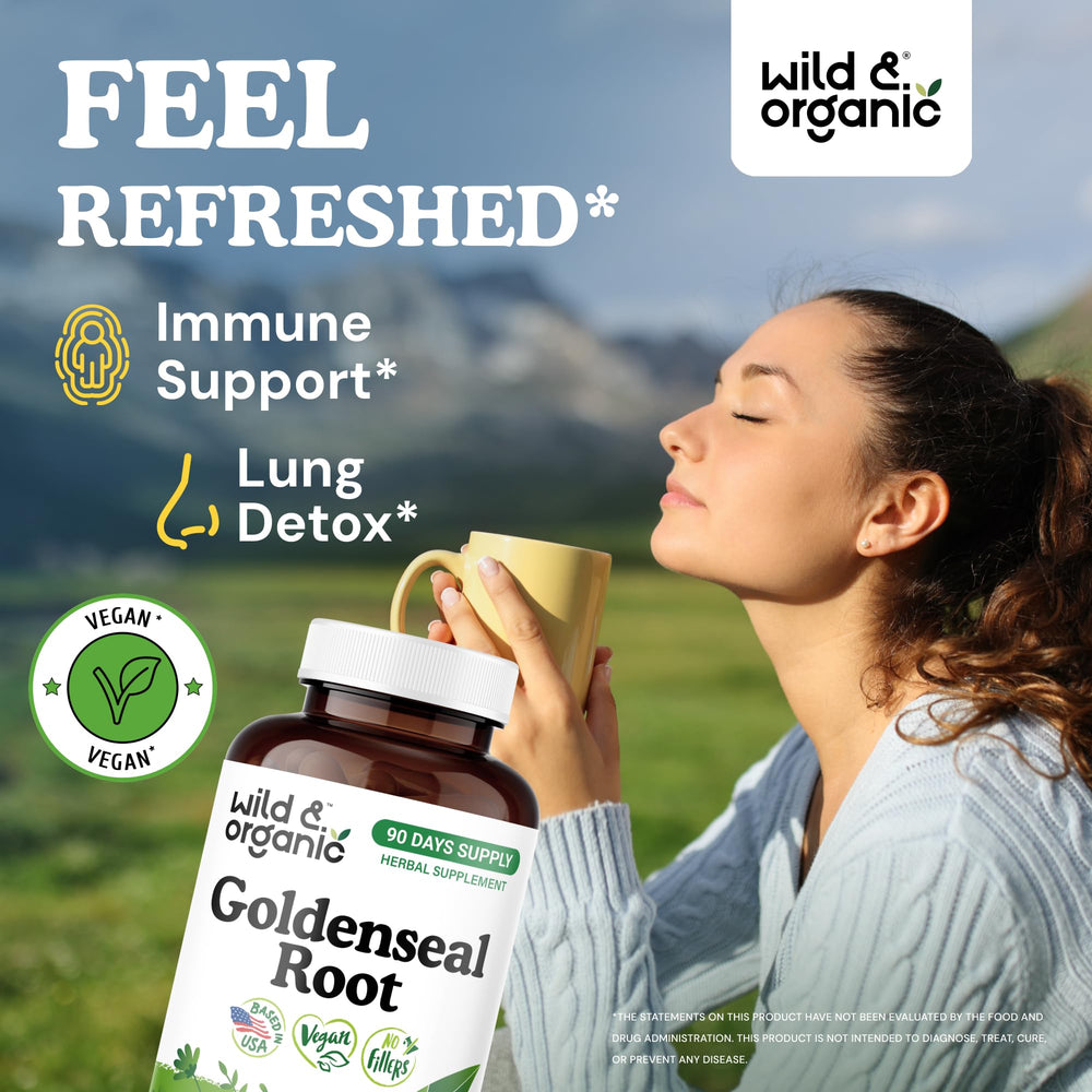 Wild & Organic Goldenseal capsules close-up with easy-to-take design.