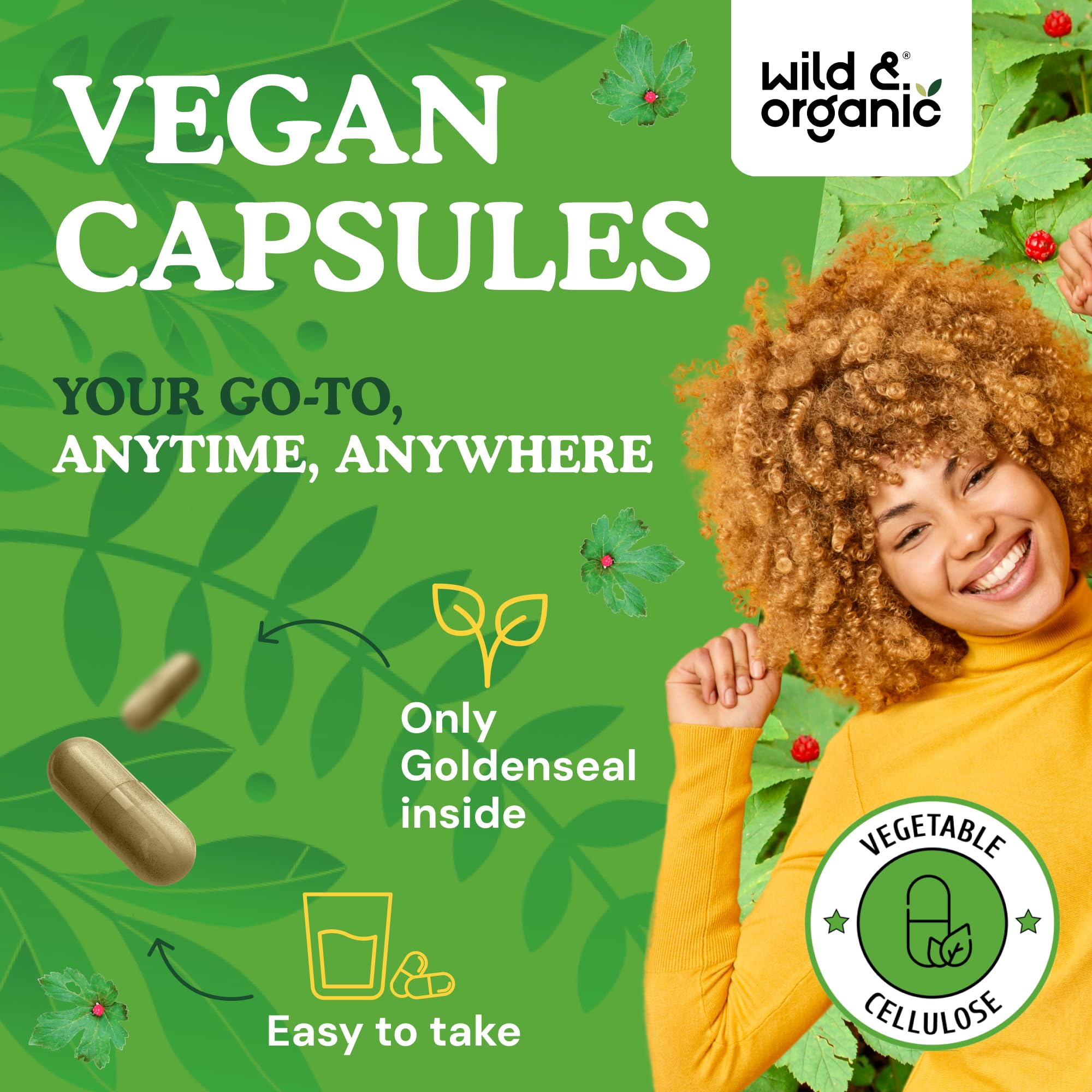 Back label of Wild & Organic Goldenseal shows vegan, non-GMO details.