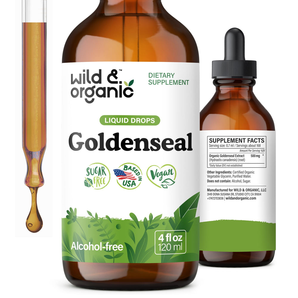 Wild & Organic Goldenseal tincture bottle shows vegan, alcohol-free daily support.