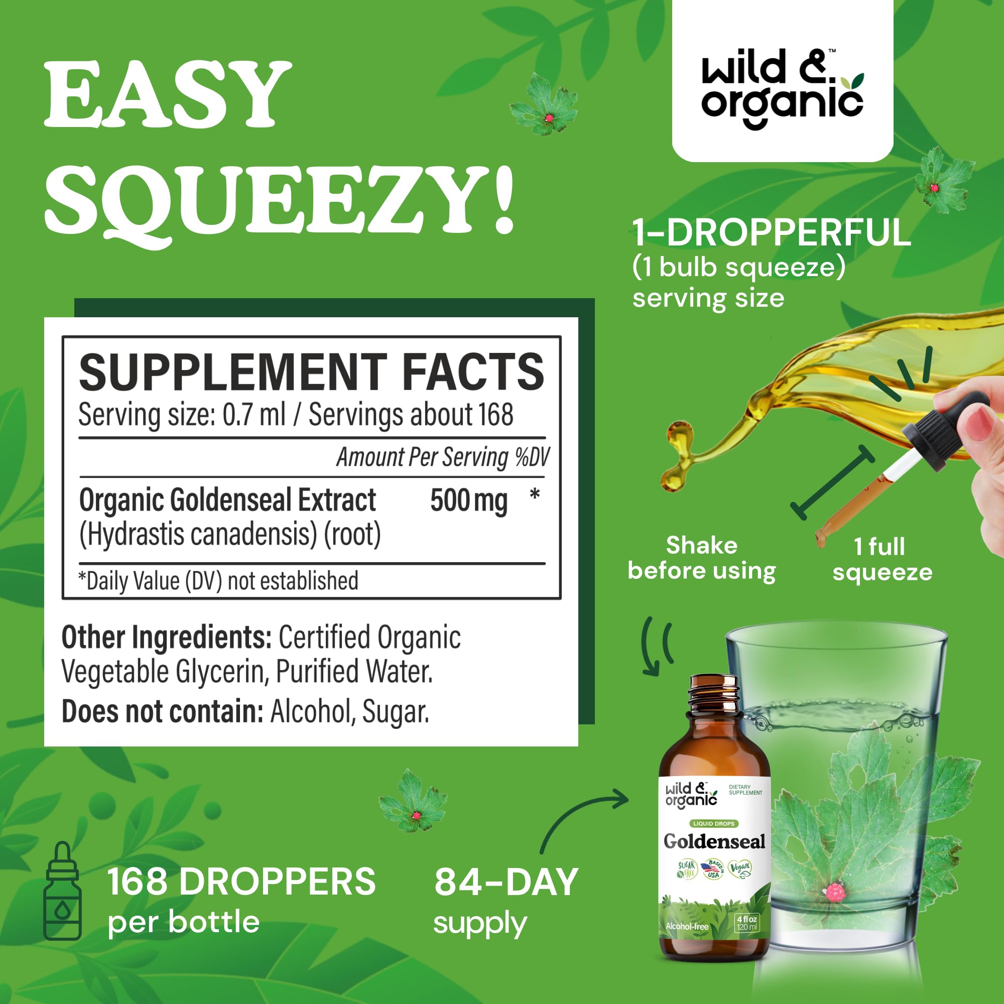 Tincture dropper enables easy two-a-day dosing with Goldenseal product.