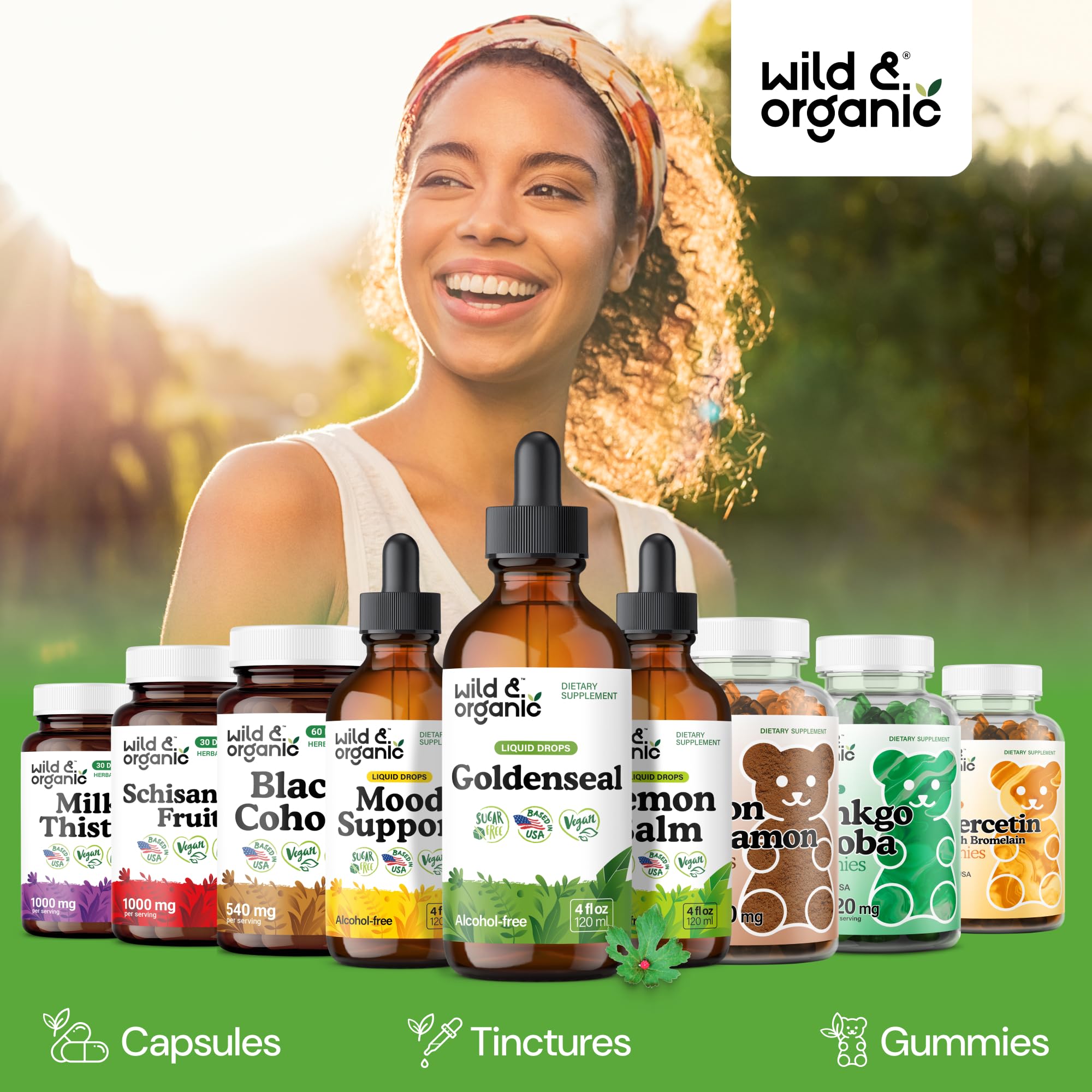 Ingredients list highlights vegan options in Wild & Organic Goldenseal tincture.