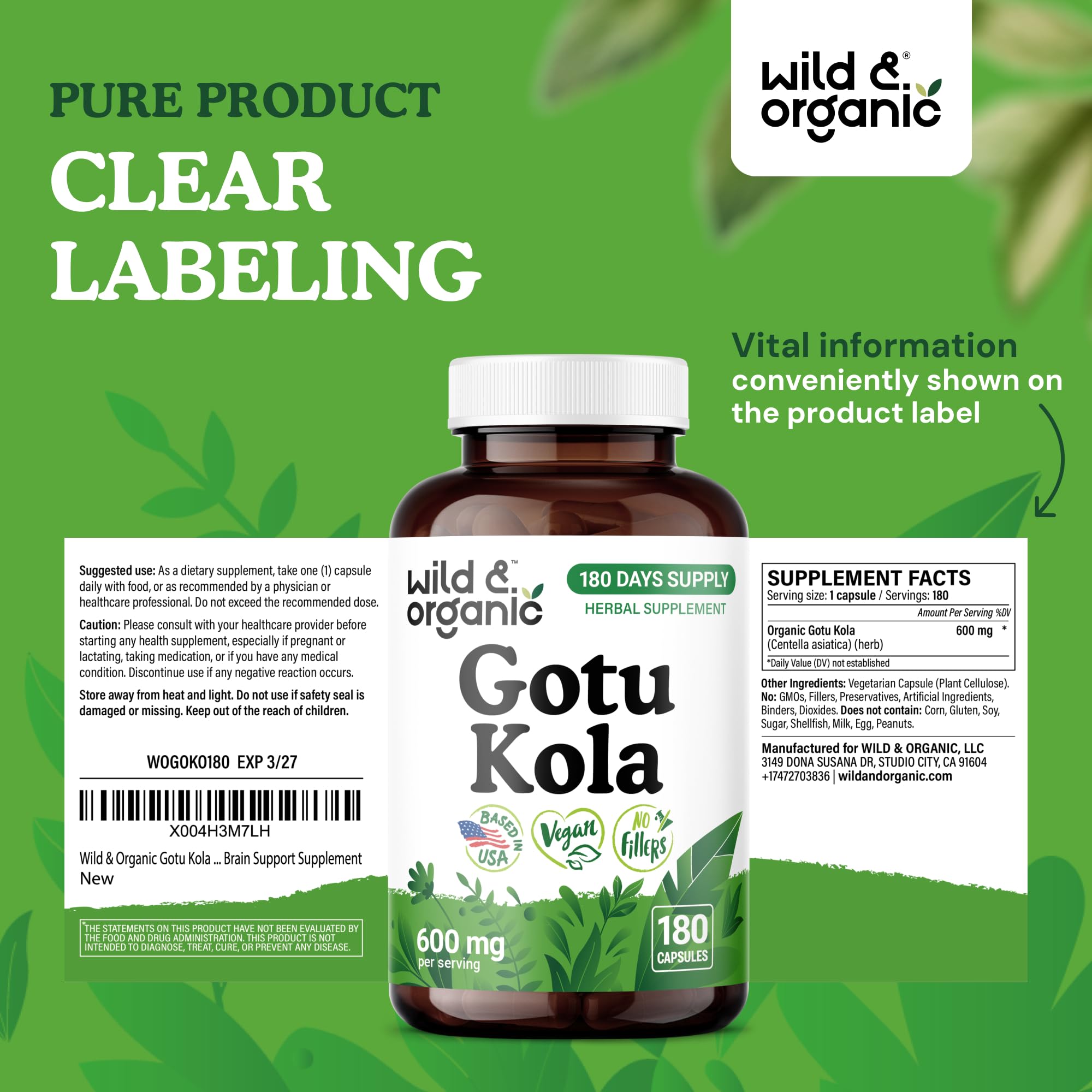 Wild & Organic Gotu Kola Capsules packaging demonstrates sustainable vegan product.