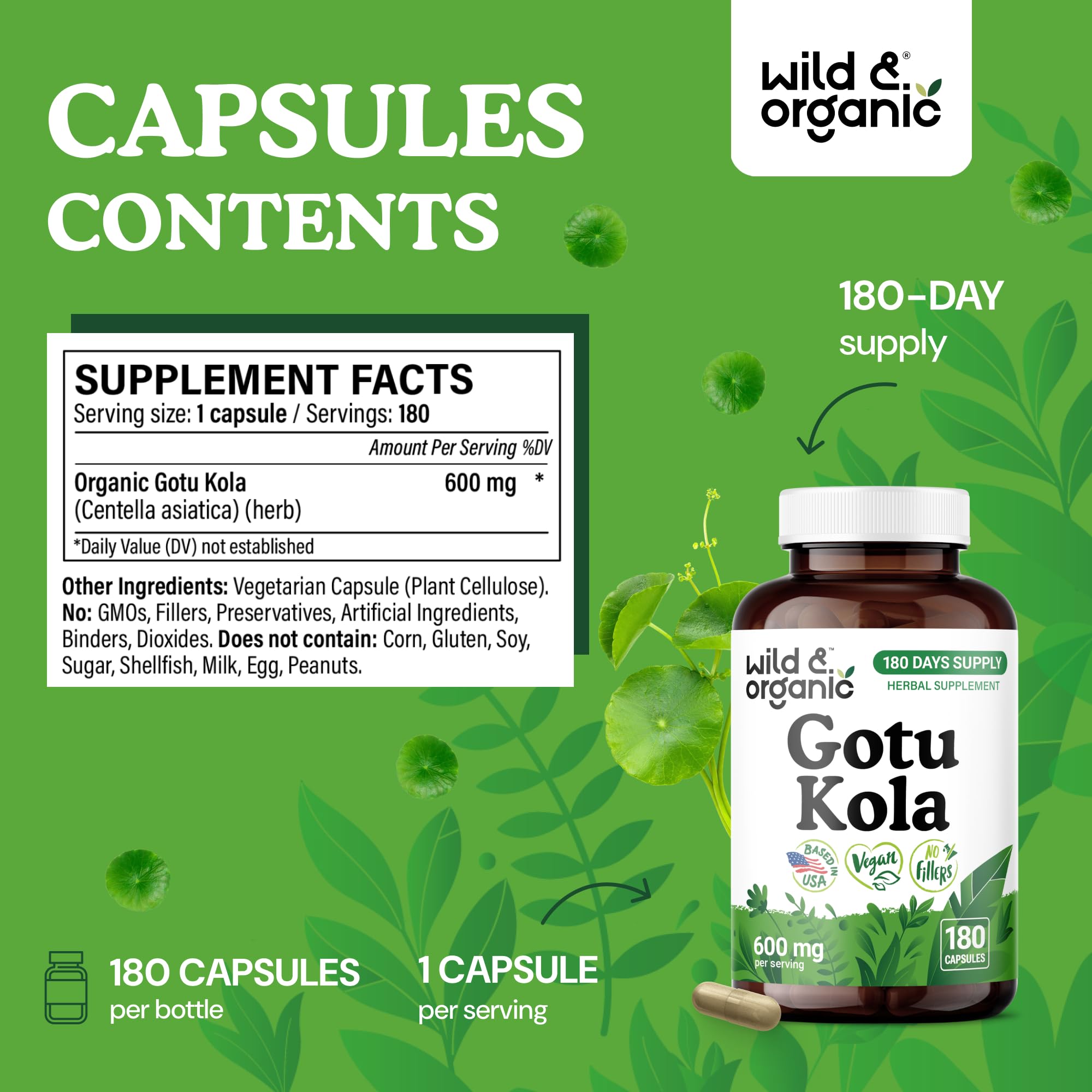 Wild & Organic Gotu Kola Capsules bottle front shows 180-day supply.
