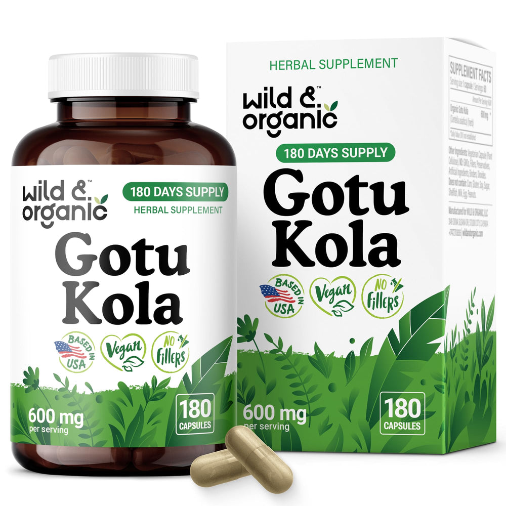 Wild & Organic Gotu Kola Capsules 600 mg bottle front supports daily focus naturally.