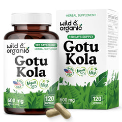 Wild & Organic Gotu Kola capsules bottle front enhances daytime focus naturally